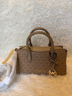 Michael Kors Arden Camel Beige Logo-Print Satchel Gold Hardware Small  Designer